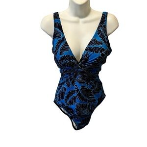 Dreamsuit Miracle Brand One Piece Waist Cinching Swimsuit 12 Blue Tropical Leaf
